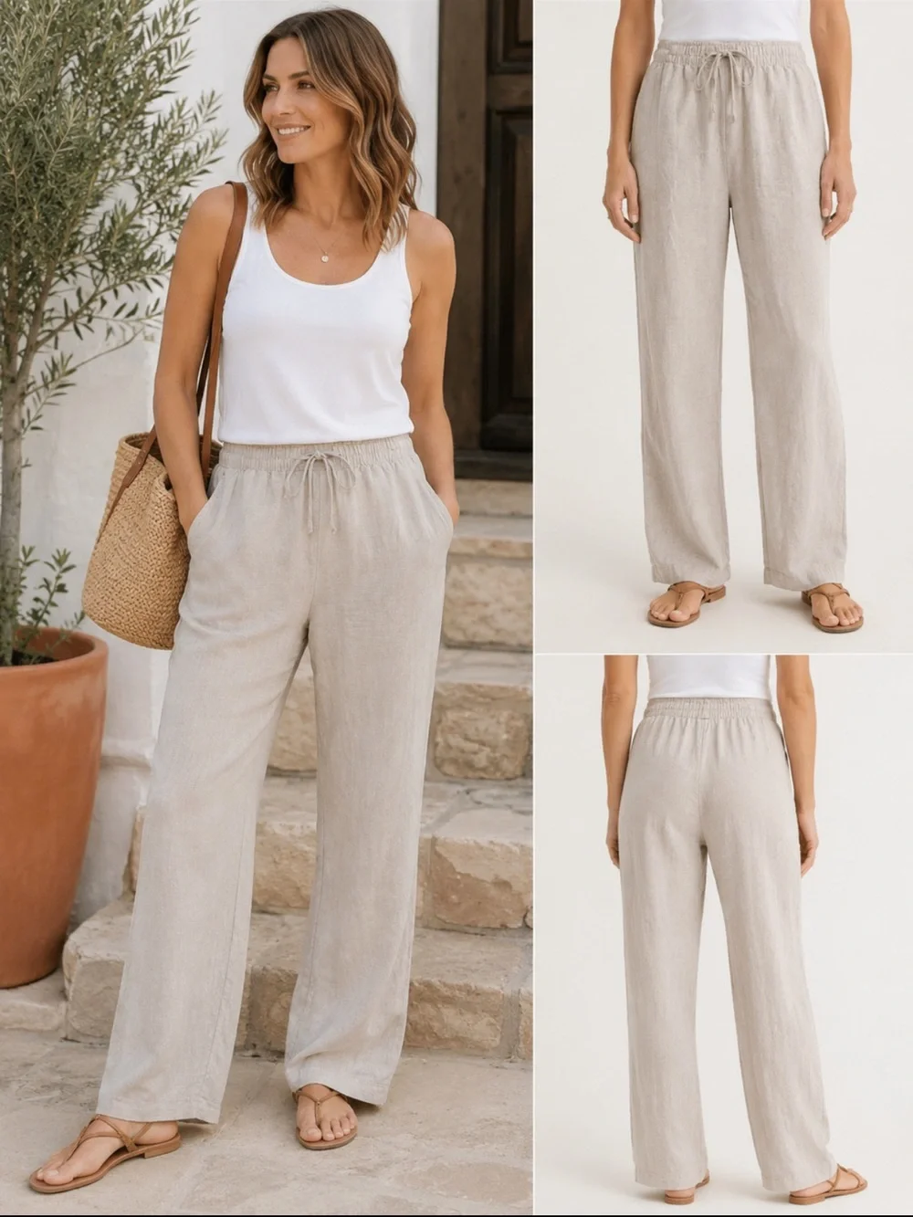 H&M Beige Drawstring Wide-Leg Linen-Blend Pants. M